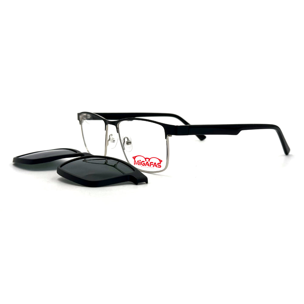 MiGAFAS XK4738C Black metal geometric browline clip-on eyeglasses with detached sun clips