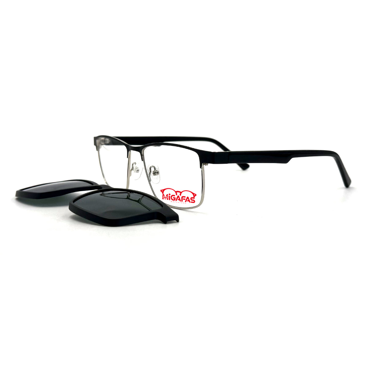 MiGAFAS XK4738C Black metal geometric browline clip-on eyeglasses with detached sun clips