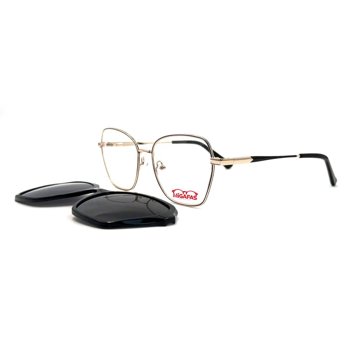 MiGAFAS XK4714C Black metal geometric butterfly clip-on eyeglasses with detached sun clips