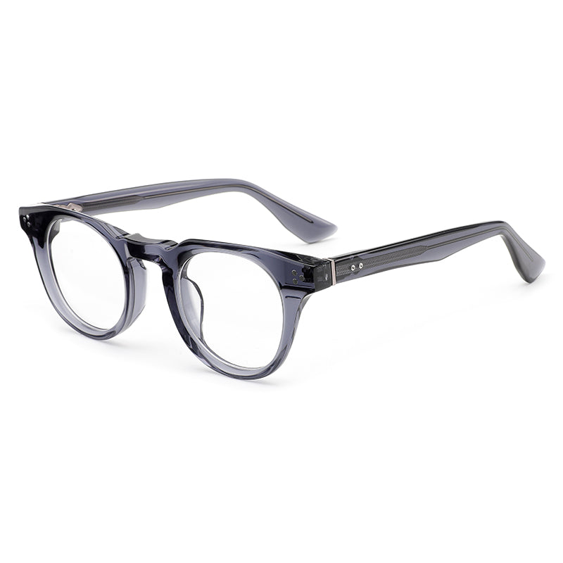 MiGAFAS E4417 Blue acetate round eyeglasses three-quarter view
