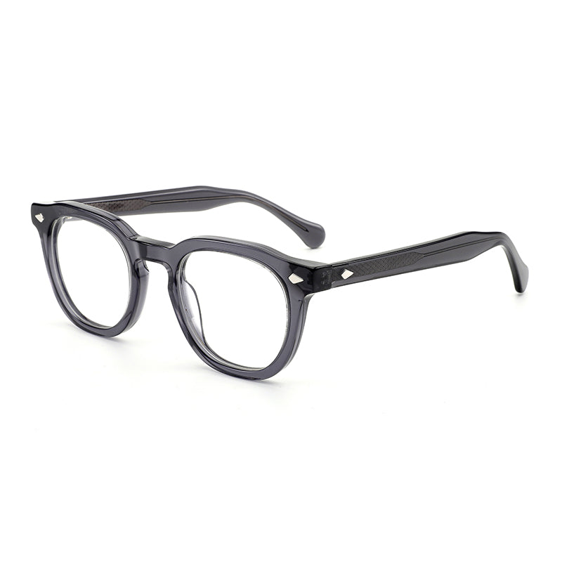 MiGAFAS E4474 gray round acetate eyeglasses, three-quarter view